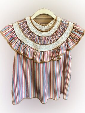Blue Tassel Pink Multi-Stripe Ruffle Neck Blouse
